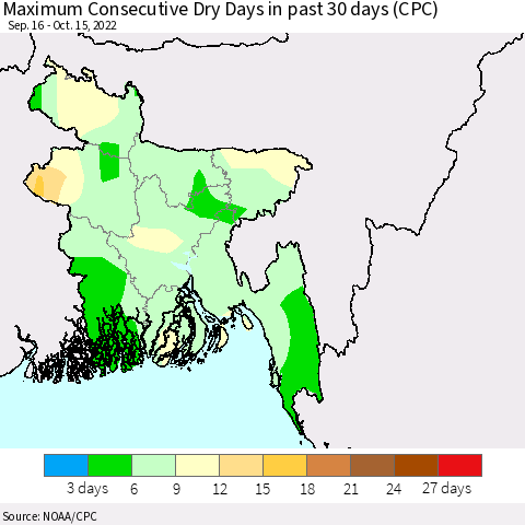 Bangladesh Maximum Consecutive Dry Days in past 30 days (CPC) Thematic Map For 10/11/2022 - 10/15/2022
