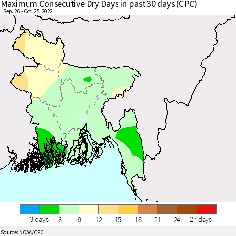 Bangladesh Maximum Consecutive Dry Days in past 30 days (CPC) Thematic Map For 10/21/2022 - 10/25/2022