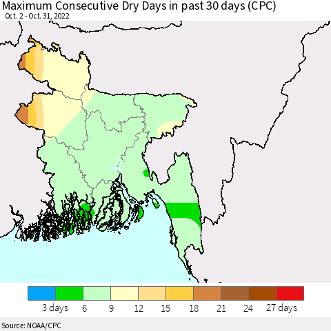 Bangladesh Maximum Consecutive Dry Days in past 30 days (CPC) Thematic Map For 10/26/2022 - 10/31/2022