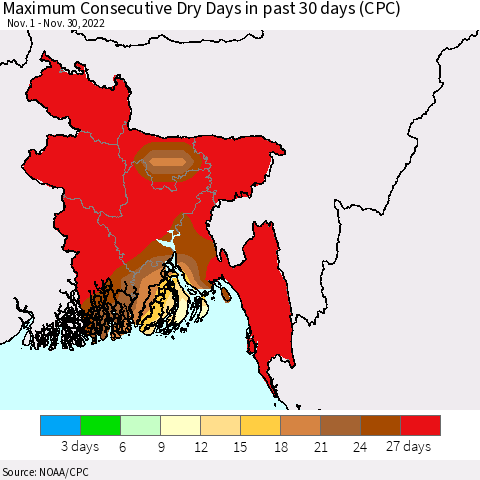 Bangladesh Maximum Consecutive Dry Days in past 30 days (CPC) Thematic Map For 11/26/2022 - 11/30/2022