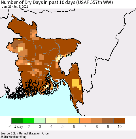Bangladesh Number of Dry Days in past 10 days (USAF 557th WW) Thematic Map For 7/1/2021 - 7/5/2021