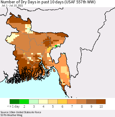Bangladesh Number of Dry Days in past 10 days (USAF 557th WW) Thematic Map For 7/6/2021 - 7/10/2021