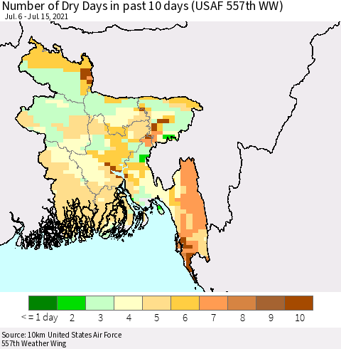 Bangladesh Number of Dry Days in past 10 days (USAF 557th WW) Thematic Map For 7/11/2021 - 7/15/2021