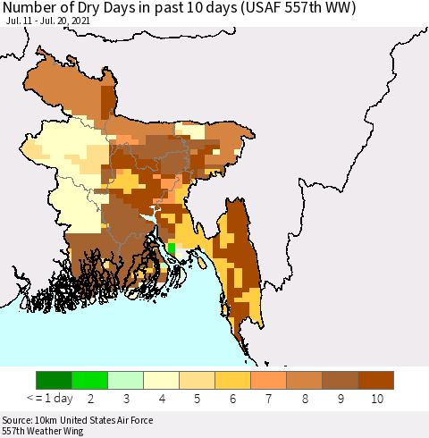 Bangladesh Number of Dry Days in past 10 days (USAF 557th WW) Thematic Map For 7/16/2021 - 7/20/2021