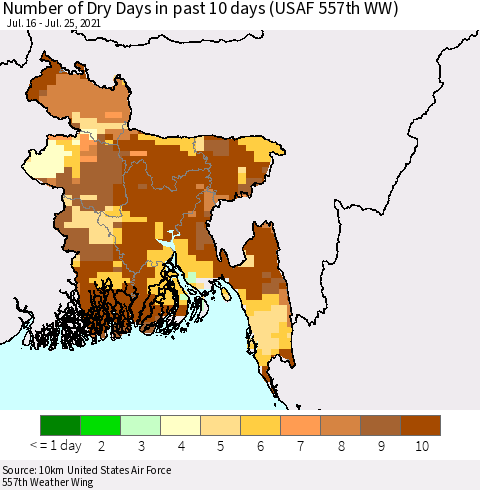 Bangladesh Number of Dry Days in past 10 days (USAF 557th WW) Thematic Map For 7/21/2021 - 7/25/2021
