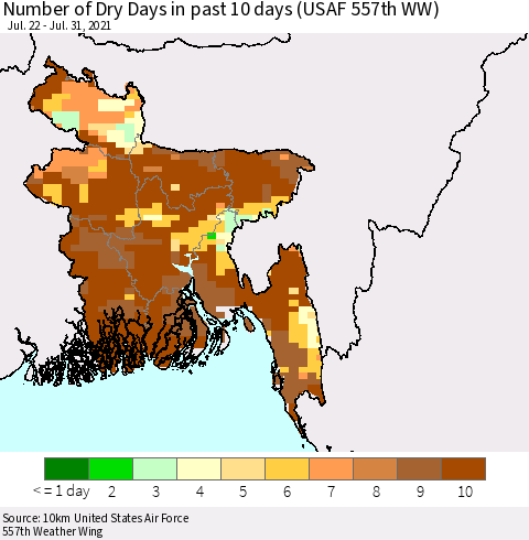 Bangladesh Number of Dry Days in past 10 days (USAF 557th WW) Thematic Map For 7/26/2021 - 7/31/2021