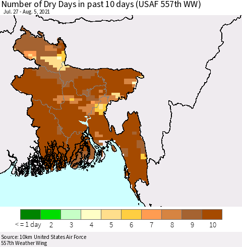 Bangladesh Number of Dry Days in past 10 days (USAF 557th WW) Thematic Map For 8/1/2021 - 8/5/2021
