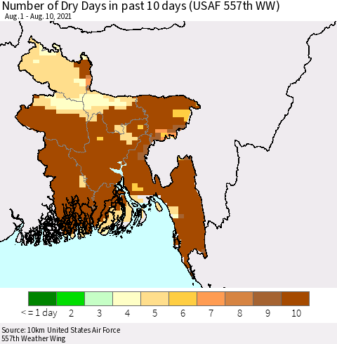Bangladesh Number of Dry Days in past 10 days (USAF 557th WW) Thematic Map For 8/6/2021 - 8/10/2021