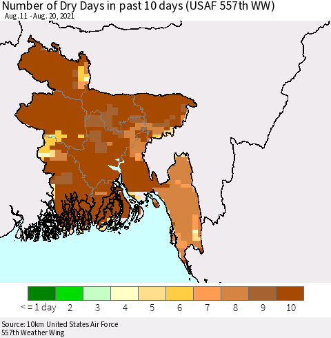 Bangladesh Number of Dry Days in past 10 days (USAF 557th WW) Thematic Map For 8/16/2021 - 8/20/2021