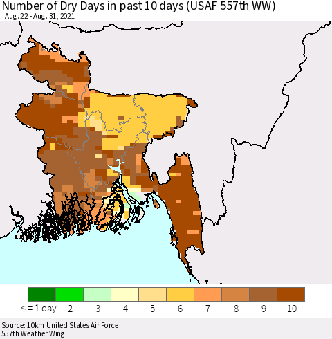 Bangladesh Number of Dry Days in past 10 days (USAF 557th WW) Thematic Map For 8/26/2021 - 8/31/2021