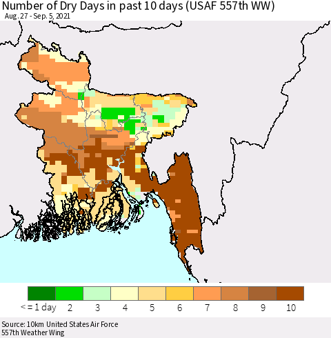 Bangladesh Number of Dry Days in past 10 days (USAF 557th WW) Thematic Map For 9/1/2021 - 9/5/2021