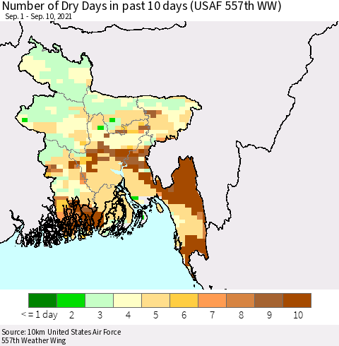 Bangladesh Number of Dry Days in past 10 days (USAF 557th WW) Thematic Map For 9/6/2021 - 9/10/2021