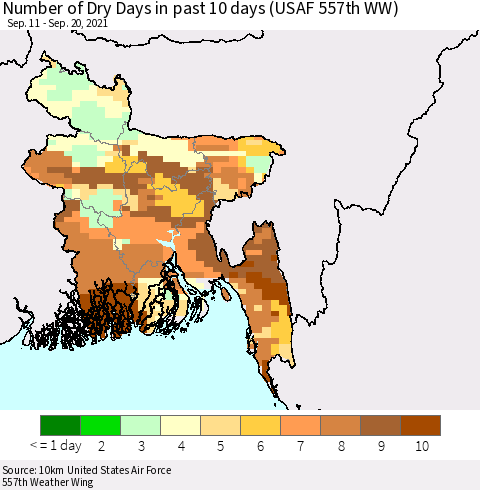 Bangladesh Number of Dry Days in past 10 days (USAF 557th WW) Thematic Map For 9/16/2021 - 9/20/2021