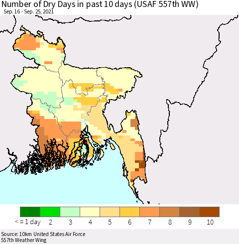 Bangladesh Number of Dry Days in past 10 days (USAF 557th WW) Thematic Map For 9/21/2021 - 9/25/2021