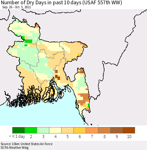 Bangladesh Number of Dry Days in past 10 days (USAF 557th WW) Thematic Map For 10/1/2021 - 10/5/2021