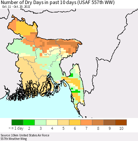 Bangladesh Number of Dry Days in past 10 days (USAF 557th WW) Thematic Map For 10/16/2021 - 10/20/2021