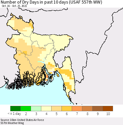 Bangladesh Number of Dry Days in past 10 days (USAF 557th WW) Thematic Map For 10/21/2021 - 10/25/2021
