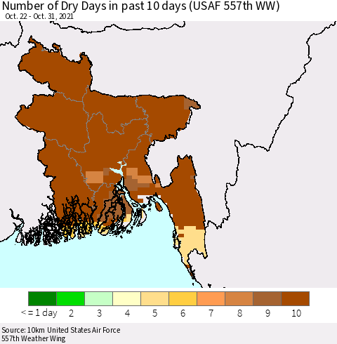 Bangladesh Number of Dry Days in past 10 days (USAF 557th WW) Thematic Map For 10/26/2021 - 10/31/2021