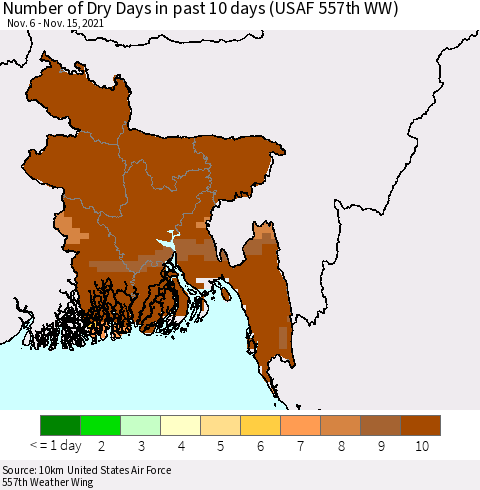 Bangladesh Number of Dry Days in past 10 days (USAF 557th WW) Thematic Map For 11/11/2021 - 11/15/2021