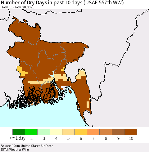 Bangladesh Number of Dry Days in past 10 days (USAF 557th WW) Thematic Map For 11/16/2021 - 11/20/2021
