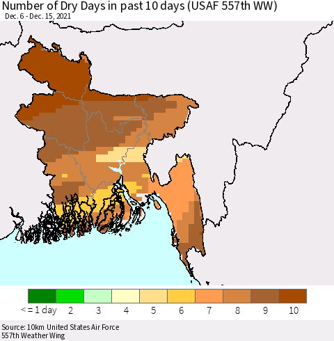 Bangladesh Number of Dry Days in past 10 days (USAF 557th WW) Thematic Map For 12/11/2021 - 12/15/2021