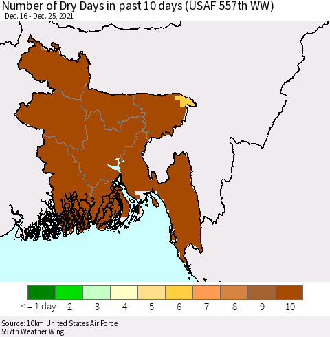 Bangladesh Number of Dry Days in past 10 days (USAF 557th WW) Thematic Map For 12/21/2021 - 12/25/2021