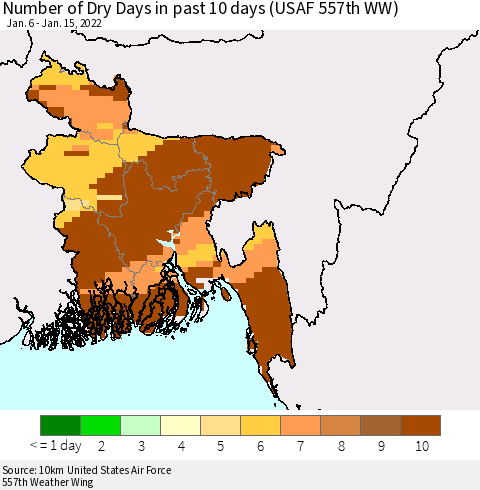 Bangladesh Number of Dry Days in past 10 days (USAF 557th WW) Thematic Map For 1/11/2022 - 1/15/2022