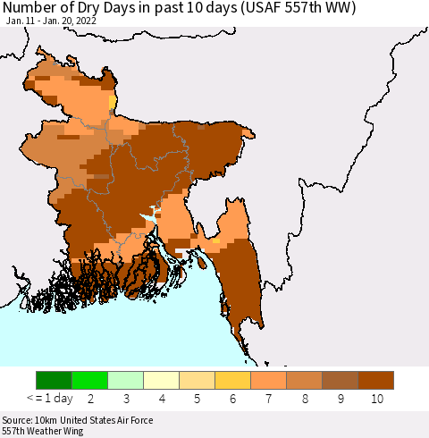 Bangladesh Number of Dry Days in past 10 days (USAF 557th WW) Thematic Map For 1/16/2022 - 1/20/2022