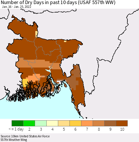 Bangladesh Number of Dry Days in past 10 days (USAF 557th WW) Thematic Map For 1/21/2022 - 1/25/2022
