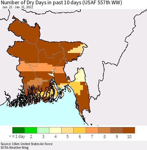 Bangladesh Number of Dry Days in past 10 days (USAF 557th WW) Thematic Map For 1/26/2022 - 1/31/2022