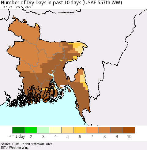 Bangladesh Number of Dry Days in past 10 days (USAF 557th WW) Thematic Map For 2/1/2022 - 2/5/2022