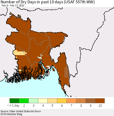 Bangladesh Number of Dry Days in past 10 days (USAF 557th WW) Thematic Map For 2/11/2022 - 2/15/2022