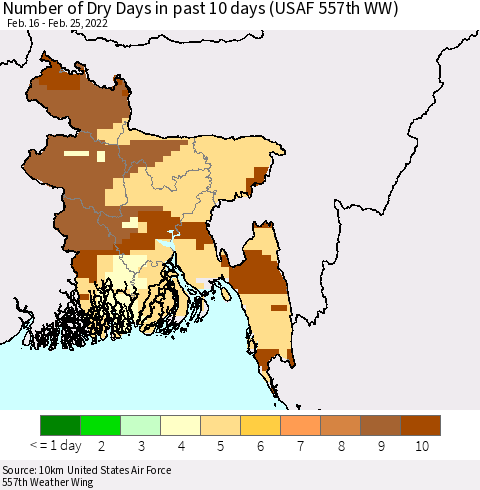 Bangladesh Number of Dry Days in past 10 days (USAF 557th WW) Thematic Map For 2/21/2022 - 2/25/2022