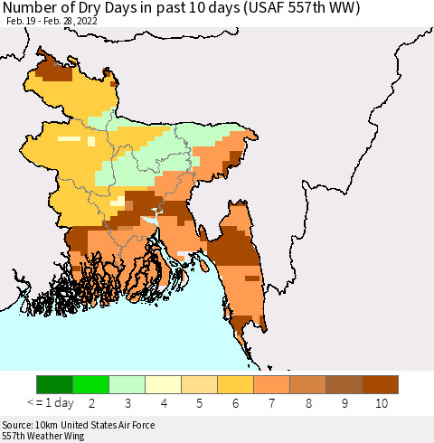 Bangladesh Number of Dry Days in past 10 days (USAF 557th WW) Thematic Map For 2/26/2022 - 2/28/2022