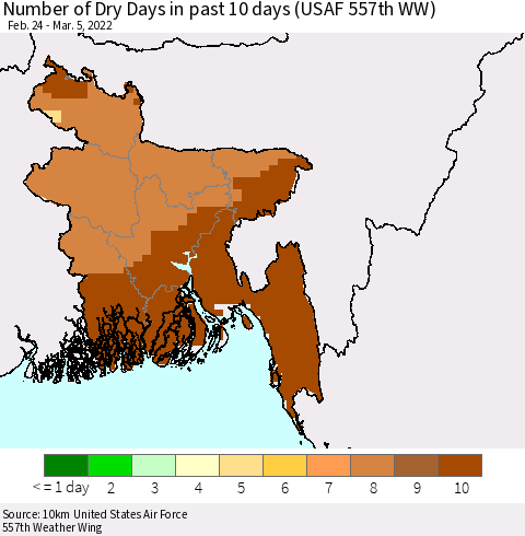 Bangladesh Number of Dry Days in past 10 days (USAF 557th WW) Thematic Map For 3/1/2022 - 3/5/2022