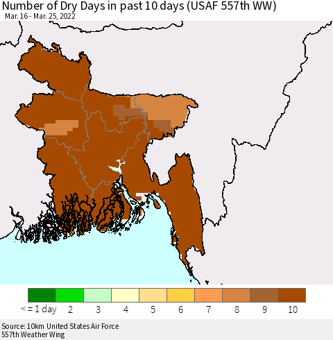 Bangladesh Number of Dry Days in past 10 days (USAF 557th WW) Thematic Map For 3/21/2022 - 3/25/2022