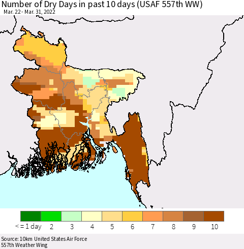 Bangladesh Number of Dry Days in past 10 days (USAF 557th WW) Thematic Map For 3/26/2022 - 3/31/2022