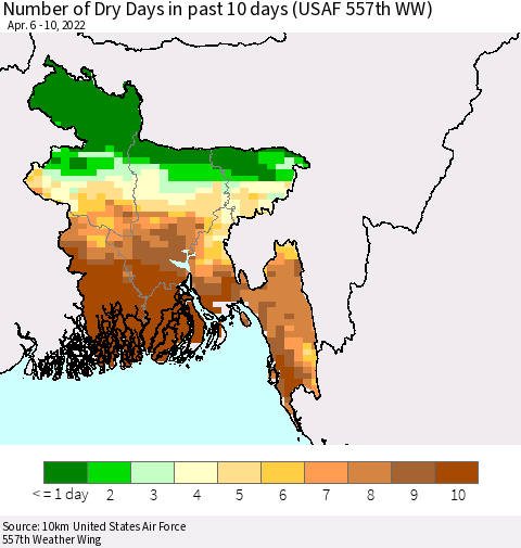 Bangladesh Number of Dry Days in past 10 days (USAF 557th WW) Thematic Map For 4/6/2022 - 4/10/2022