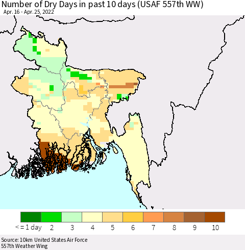 Bangladesh Number of Dry Days in past 10 days (USAF 557th WW) Thematic Map For 4/21/2022 - 4/25/2022