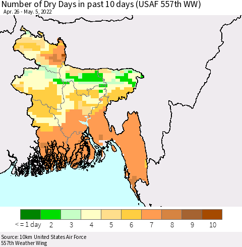 Bangladesh Number of Dry Days in past 10 days (USAF 557th WW) Thematic Map For 5/1/2022 - 5/5/2022