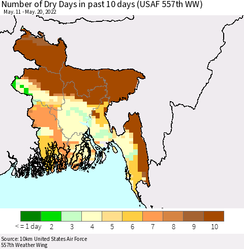 Bangladesh Number of Dry Days in past 10 days (USAF 557th WW) Thematic Map For 5/16/2022 - 5/20/2022