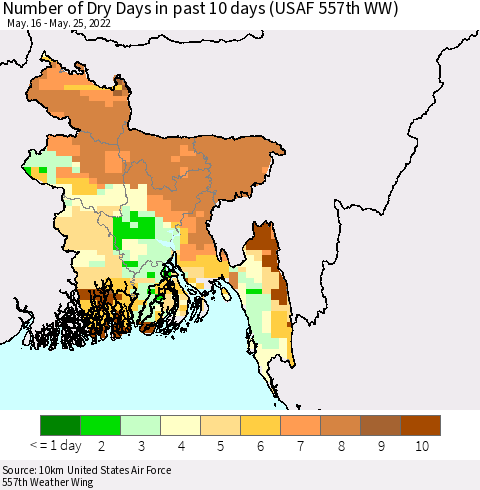 Bangladesh Number of Dry Days in past 10 days (USAF 557th WW) Thematic Map For 5/21/2022 - 5/25/2022