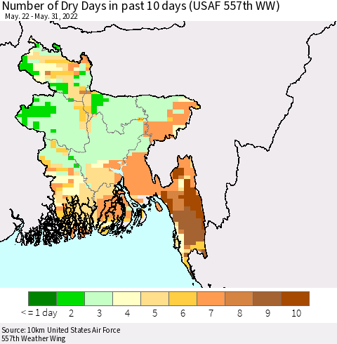 Bangladesh Number of Dry Days in past 10 days (USAF 557th WW) Thematic Map For 5/26/2022 - 5/31/2022