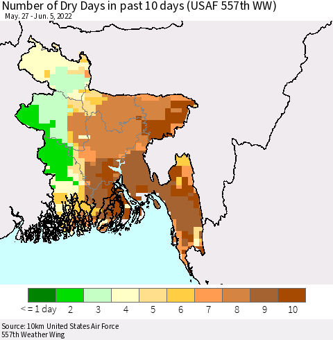Bangladesh Number of Dry Days in past 10 days (USAF 557th WW) Thematic Map For 6/1/2022 - 6/5/2022