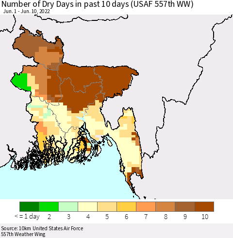 Bangladesh Number of Dry Days in past 10 days (USAF 557th WW) Thematic Map For 6/6/2022 - 6/10/2022