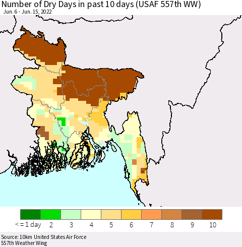 Bangladesh Number of Dry Days in past 10 days (USAF 557th WW) Thematic Map For 6/11/2022 - 6/15/2022