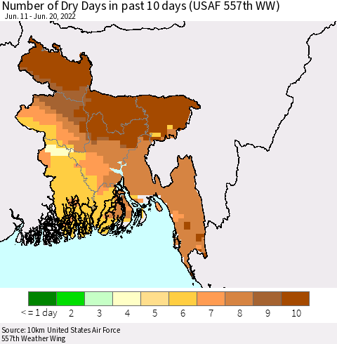 Bangladesh Number of Dry Days in past 10 days (USAF 557th WW) Thematic Map For 6/16/2022 - 6/20/2022