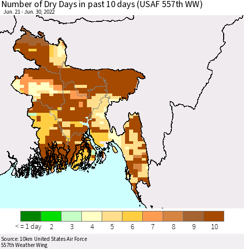 Bangladesh Number of Dry Days in past 10 days (USAF 557th WW) Thematic Map For 6/26/2022 - 6/30/2022