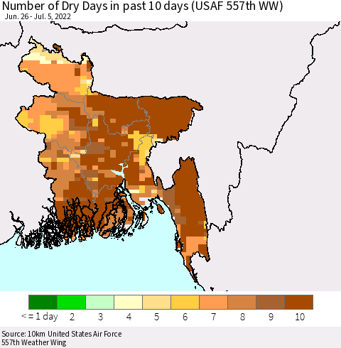 Bangladesh Number of Dry Days in past 10 days (USAF 557th WW) Thematic Map For 7/1/2022 - 7/5/2022