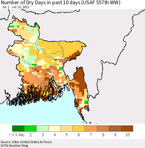 Bangladesh Number of Dry Days in past 10 days (USAF 557th WW) Thematic Map For 7/6/2022 - 7/10/2022